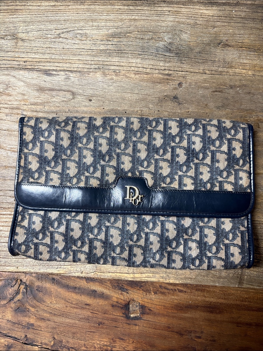 Dior Beige and Navy Oblique Canvas Foldover Clutch with Metal 'Dior' Logo